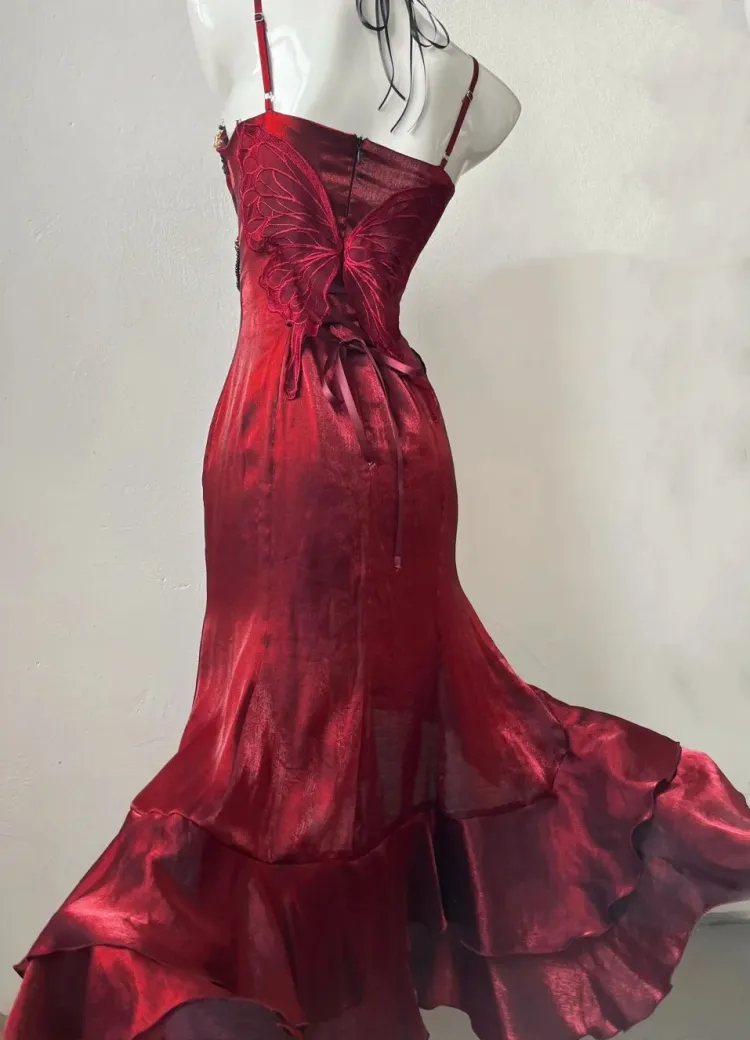 Vintage High-Low Spaghetti Straps Floor-Length Burgundy Flowers Prom Dresses Birthday Dress - View 5 | FashionDia