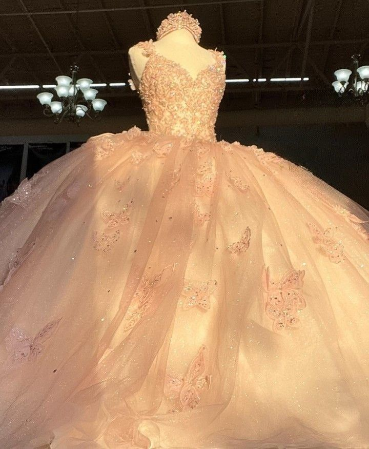 Glamorous Pink Tulle Sequin Beaded Appliques Quinceanera Dress Sweet 16 Dress With Bow