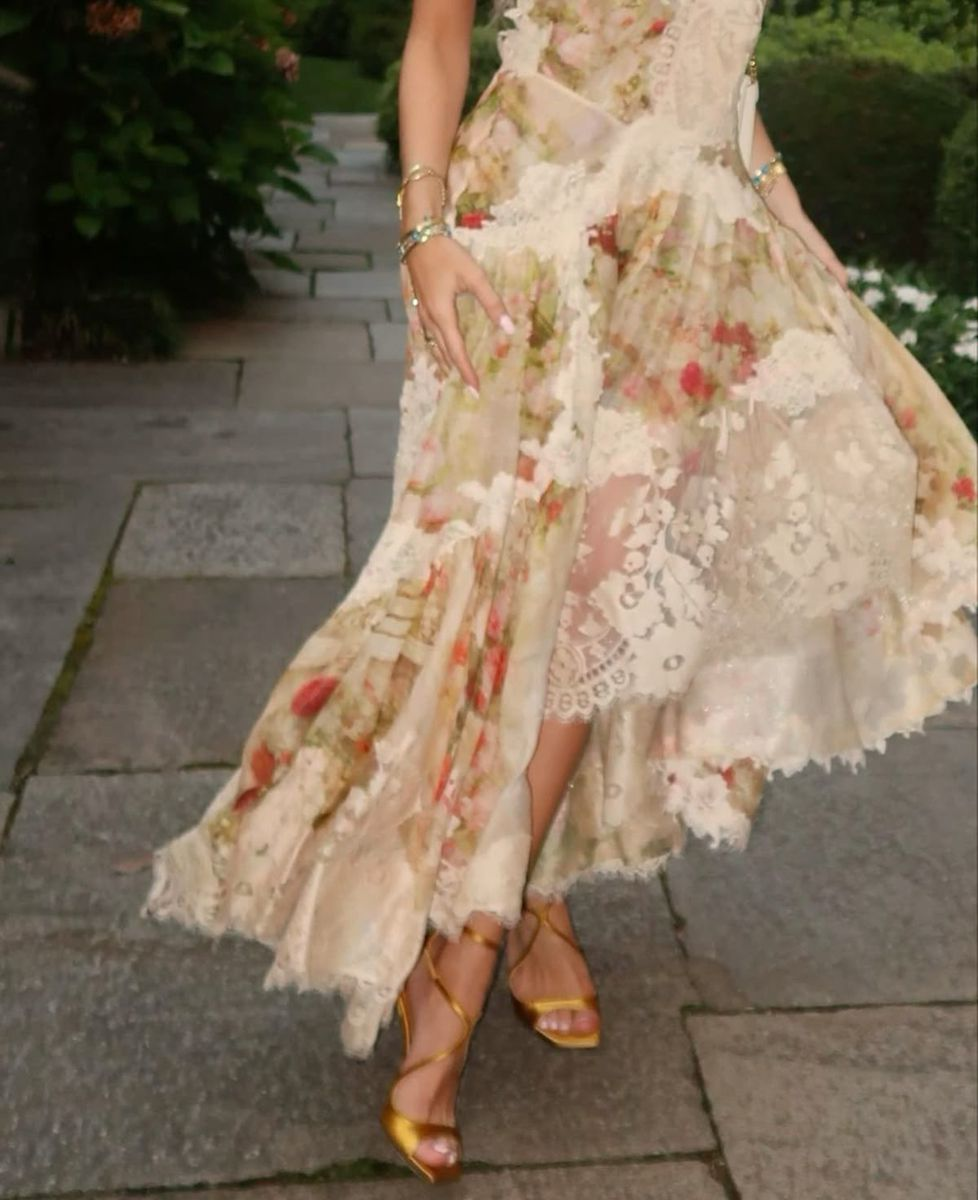 Vintage Halter V-Neck Chiffon Print Floral Lace Prom Dress Mermaid Long Party Dress - View 3 | FashionDia