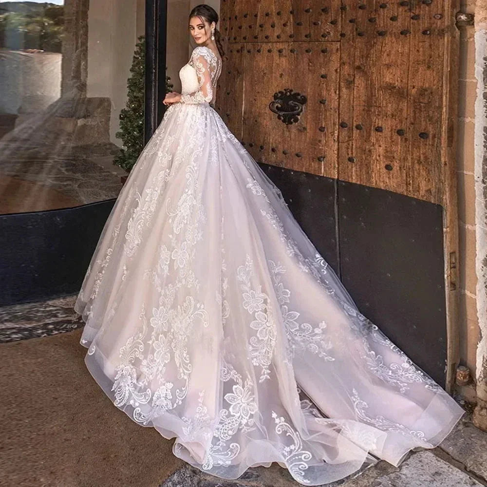 Ramanda Exquisite Lace Appliques Ball Gown Long Sleeves Wedding Dress For Bride Buttons Illusion Back Court Train Bridal Gown (ZD13338) - View 3 | VelvetHem