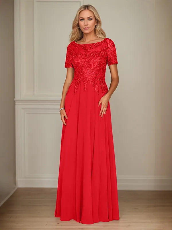 A-Line Chiffon Boat Neck Short Sleeves Floor-Length Mother of the Bride Dresses