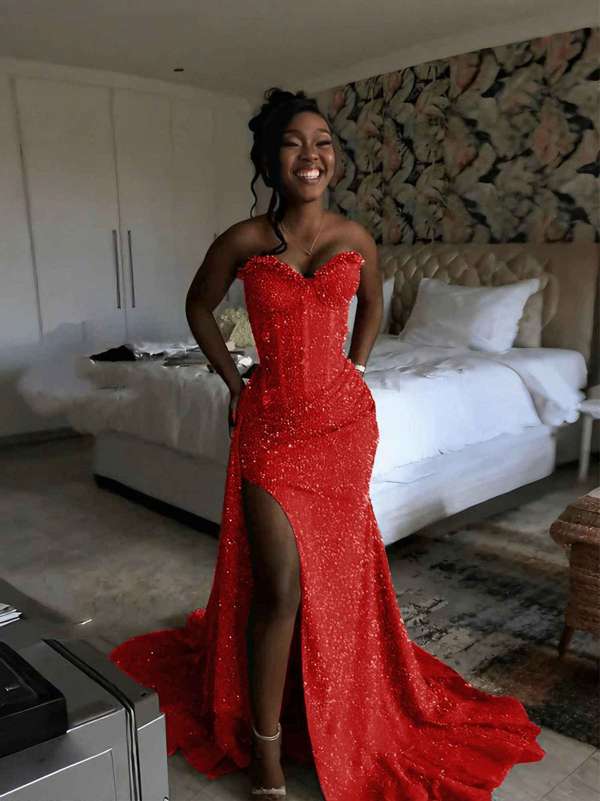 Glitter Strapless Mermaid Sequined Long Prom Dress with Slit (ZD17399)