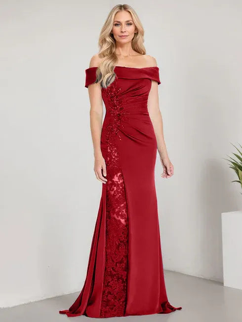 A-Line Off the Shoulder Floor-Length Mother of the Bride Dress Applique Beadings Mermaid Dress With High Split