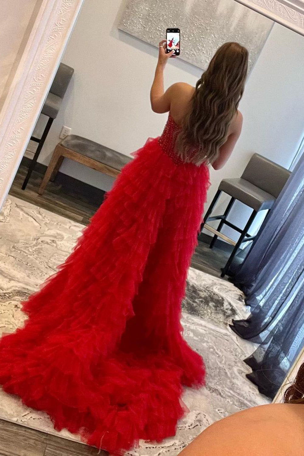 Red Homecoming Dresses Beaded A-Line Tiered High Low Prom Prom Dress