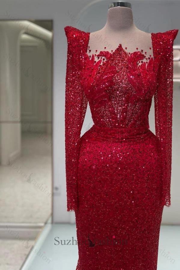 Red Long Sleeve Formal Dress Sequined Sheath/Column Prom Evening Dress