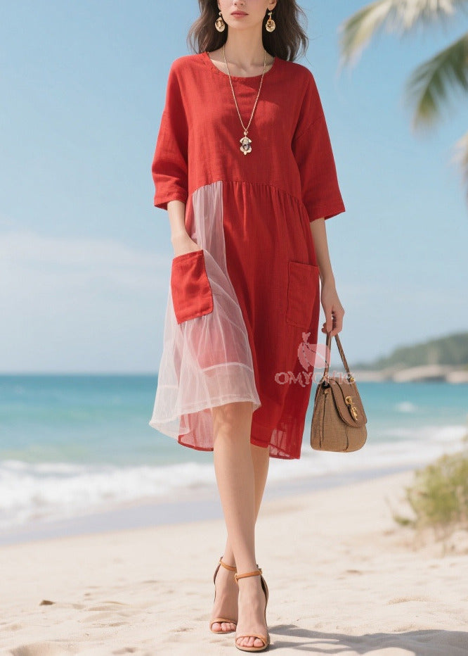 Red Patchwork Tulle Robe Dresses Asymmetrical Half Sleeve