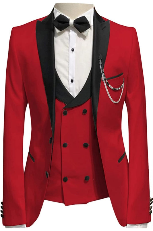 Red Peaked Lapel 3 Piece Prom Suit