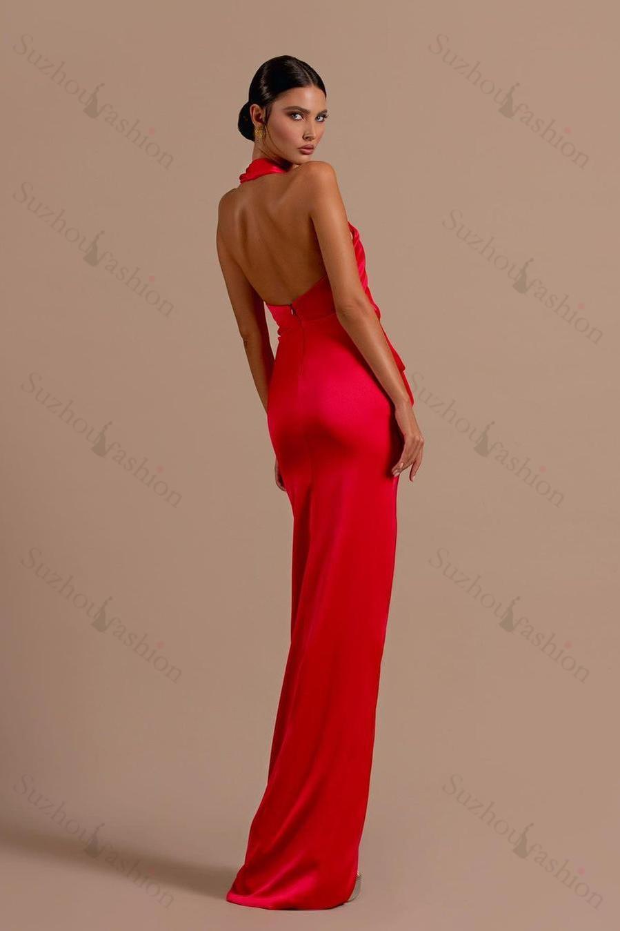 Red Prom Dress Halter Sleeveless Backless Long Evening Formal Dress With Front Split