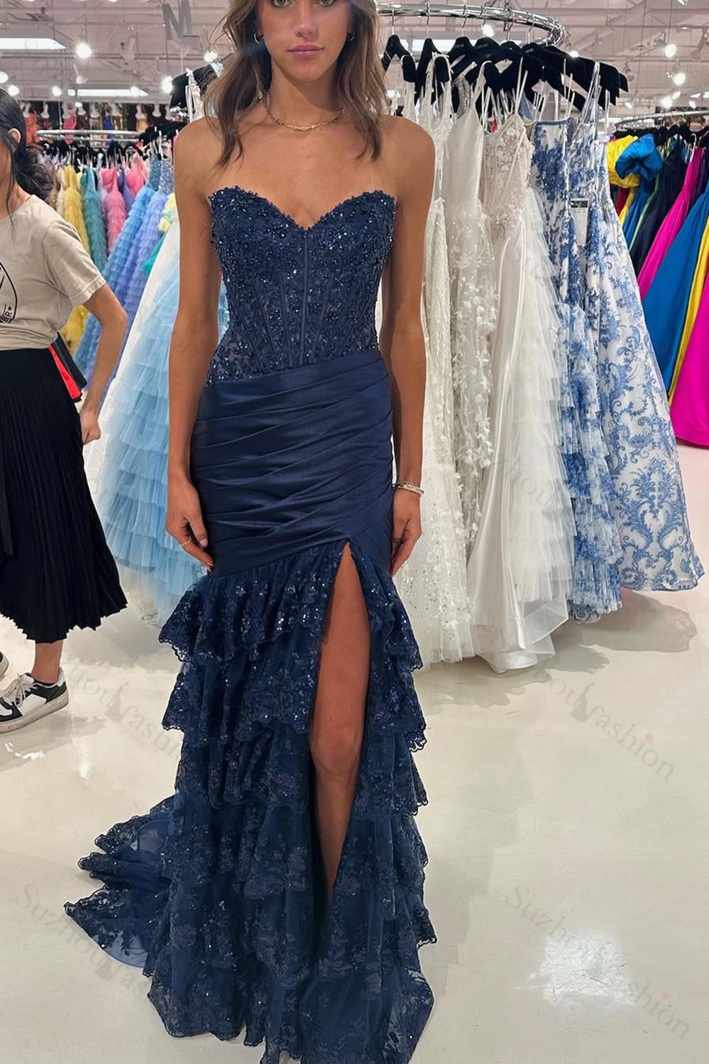 Red Prom Dress Lace Ruffled Formal Dress With Slit