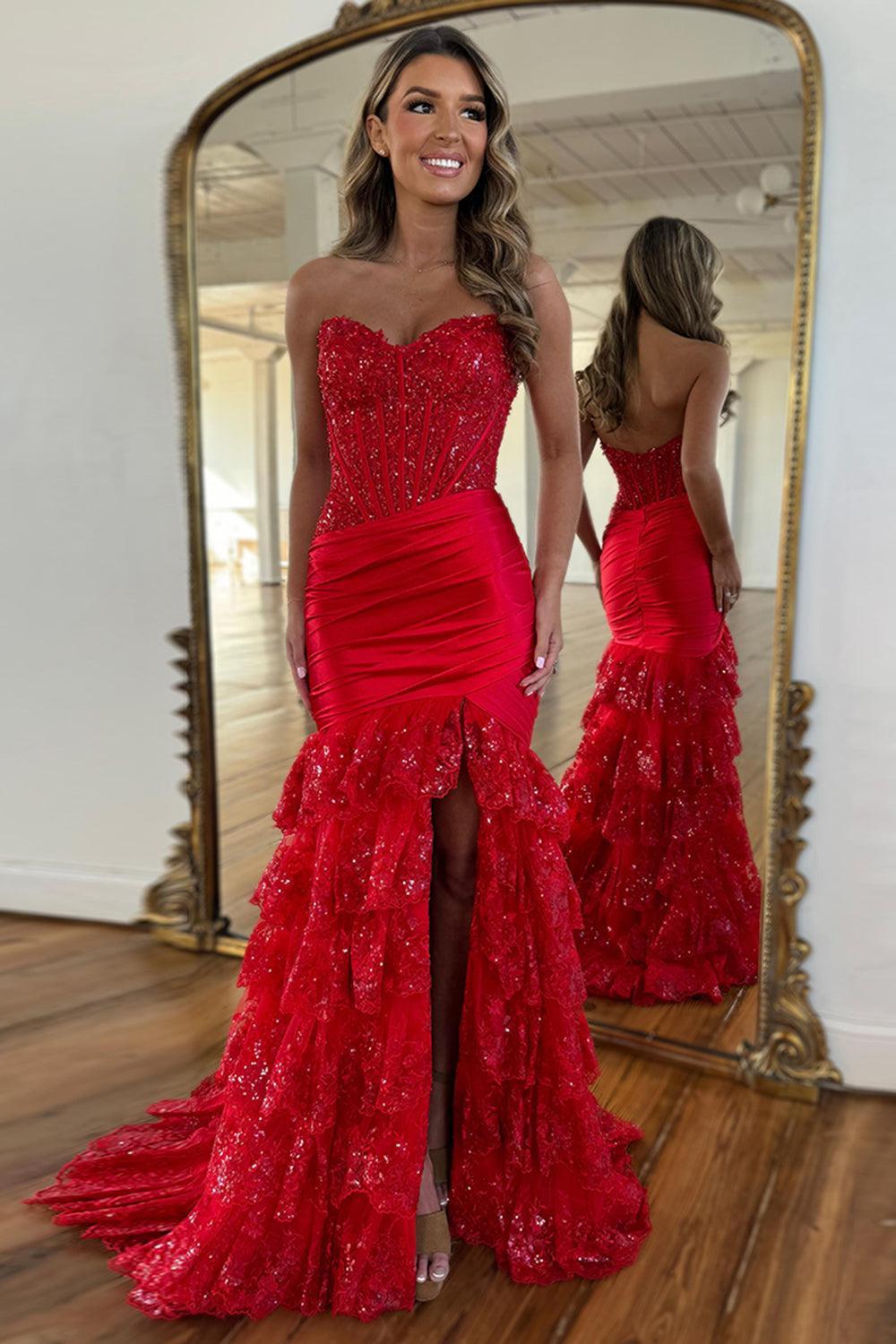 Red Prom Dress Lace Ruffled Formal Dress With Slit