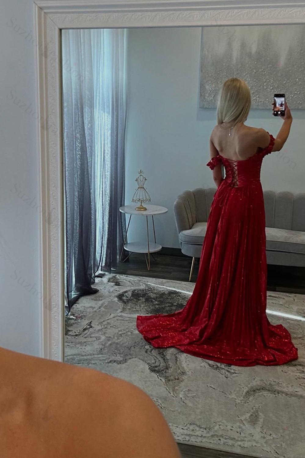 Red Prom Dress Pleated A Line Formal Dress With Slit