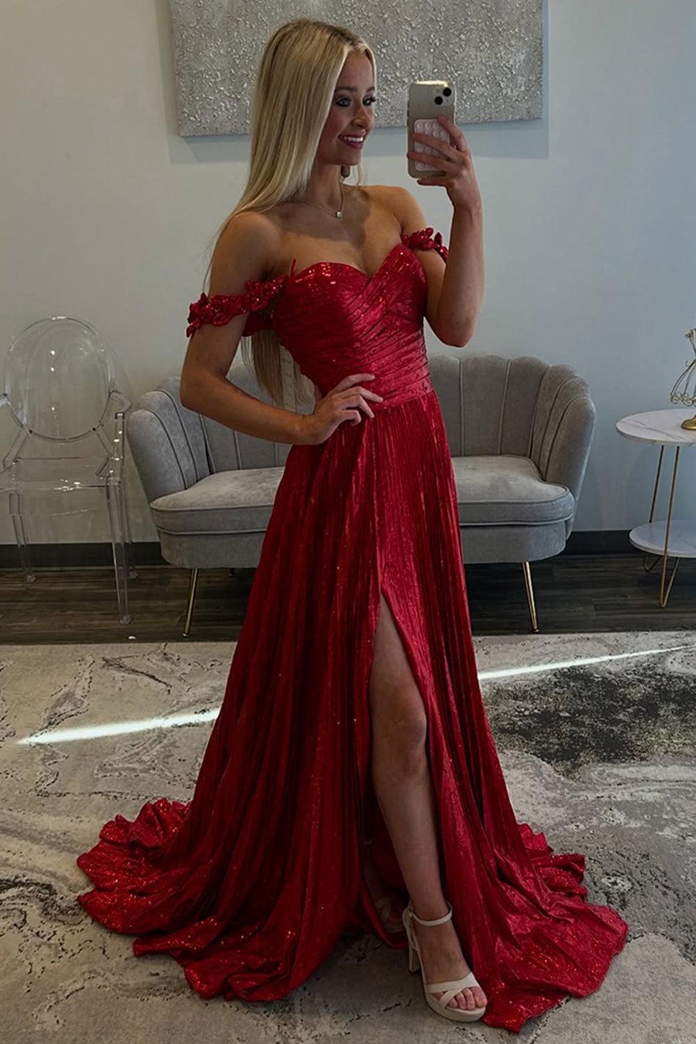 Red Prom Dress Pleated A Line Formal Dress With Slit