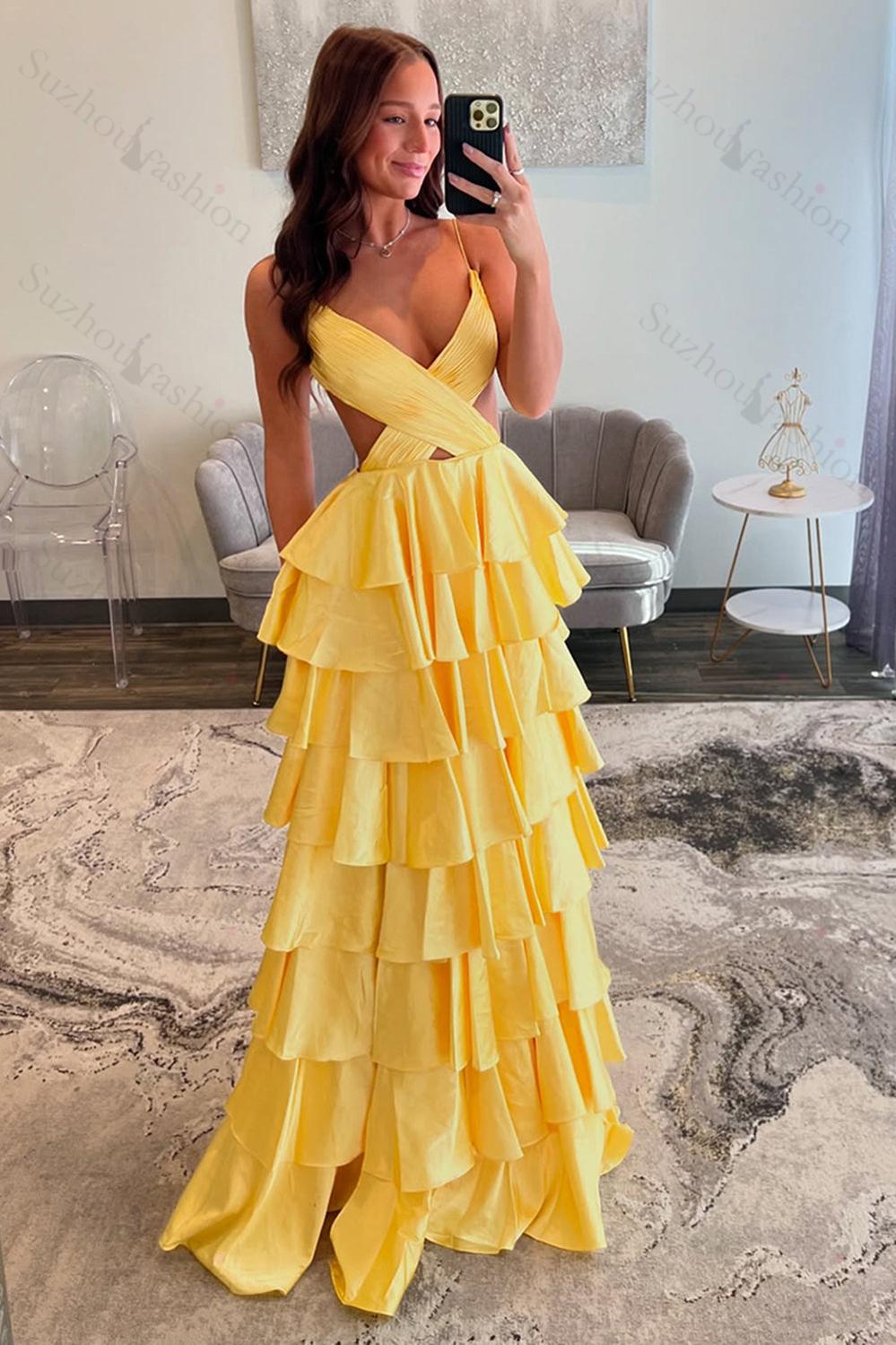 Red Prom Dress Ruffled Ruched Satin A Line Long Formal Dress With Slit