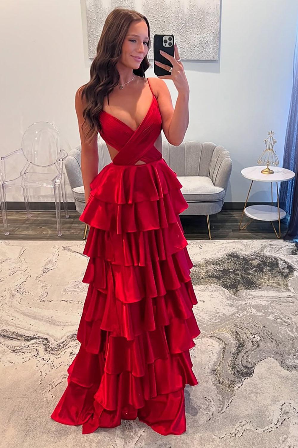 Red Prom Dress Ruffled Ruched Satin A Line Long Formal Dress With Slit