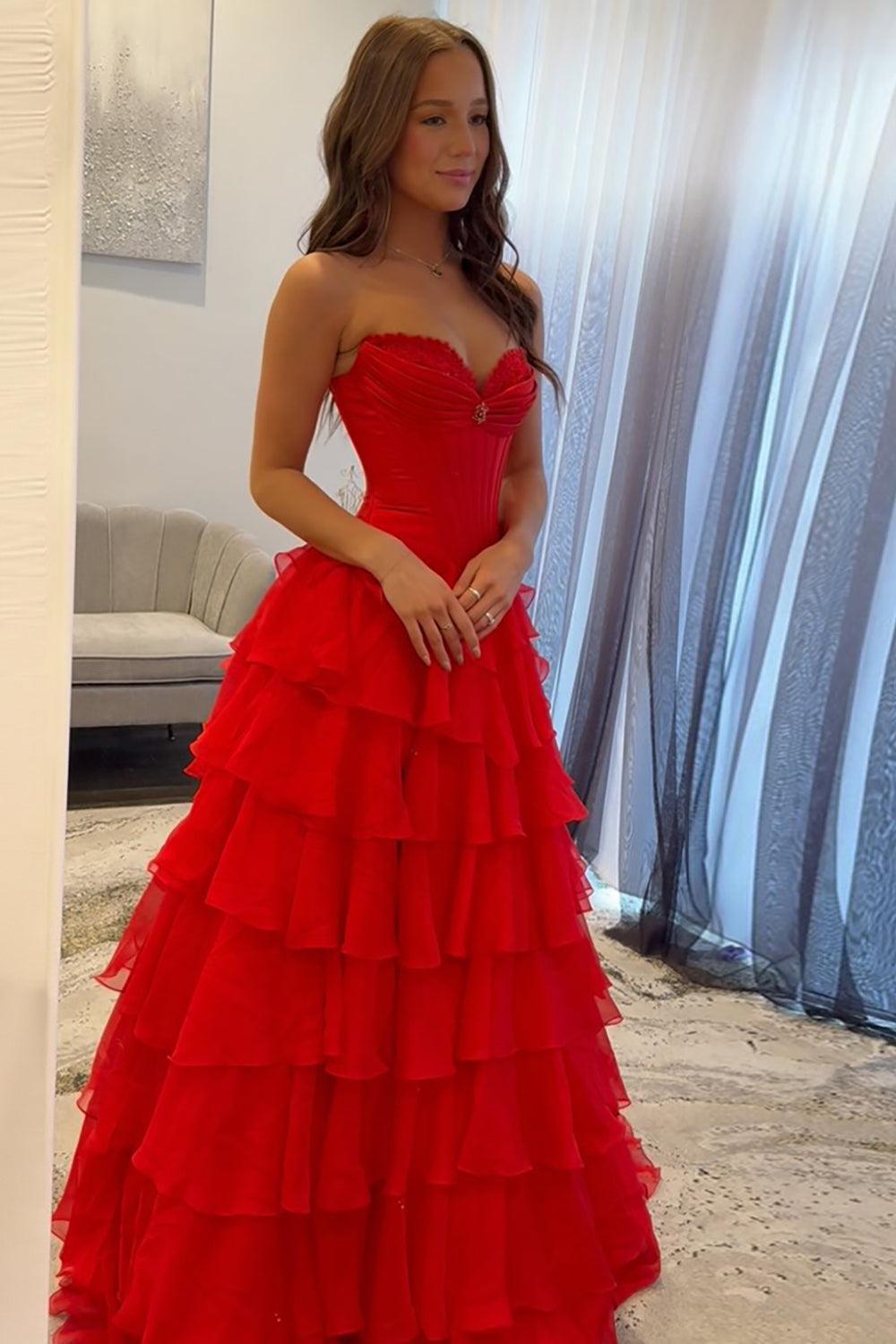 Red Prom Dress Ruffled Sweetheart A Line Chiffon Formal Dress With Lace