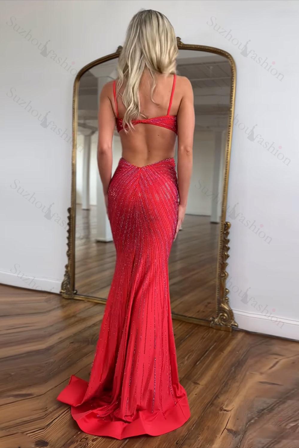 Red Prom Dress Spaghetti Straps Mermaid Satin Formal Dress With Hollow Out