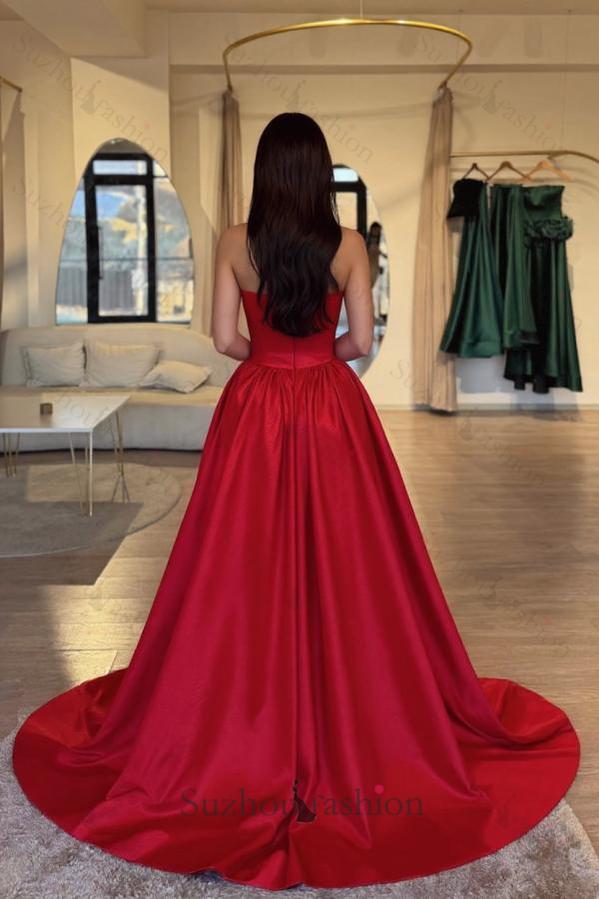 Red Prom Dress Strapless A Line Sleeveless Slit Ball Gown Chapel Train Satin Formal Dress