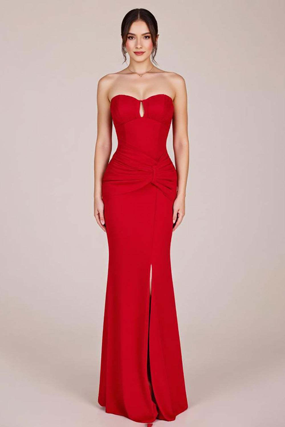 Red Prom Dress Strapless Ruched Sheath Long Formal Dress With Slit