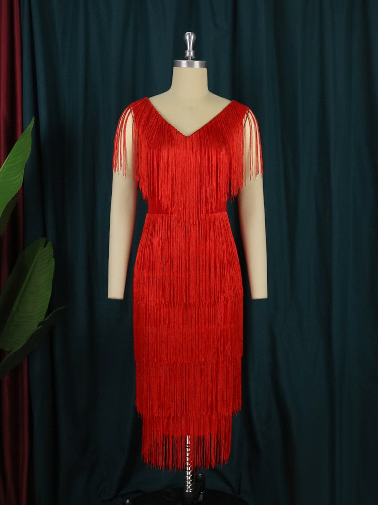 Red Tassel Dresses VNeck Fringe Cocktail Event Party Outfits