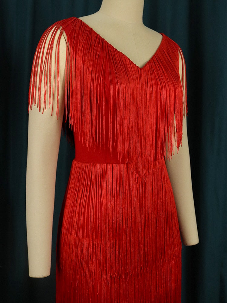 Red Tassel Dresses VNeck Fringe Cocktail Event Party Outfits