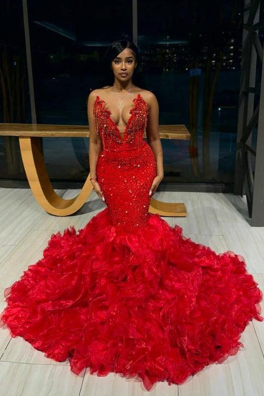 Red V-Neck Strapless Mermaid Beadings Prom Dress with Ruffles
