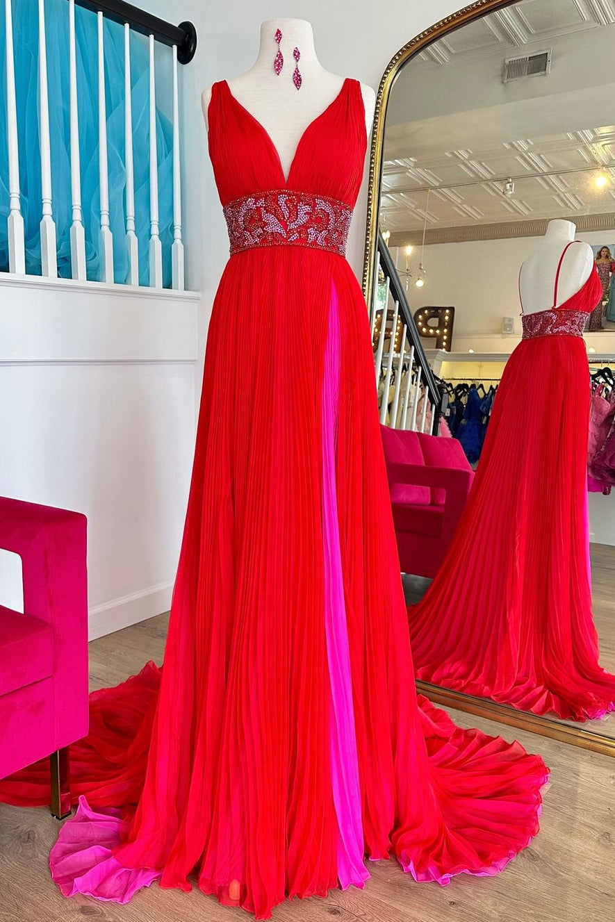 Red A-Line V-Neck Court Train Prom Dress with Beaded Belt and Slit - FashionDia