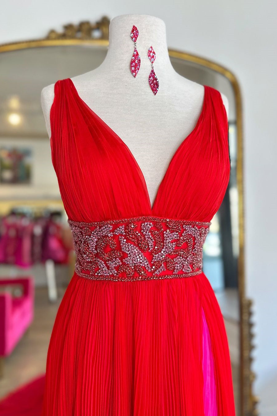 Red A-Line V-Neck Court Train Prom Dress with Beaded Belt and Slit - View 3 | FashionDia