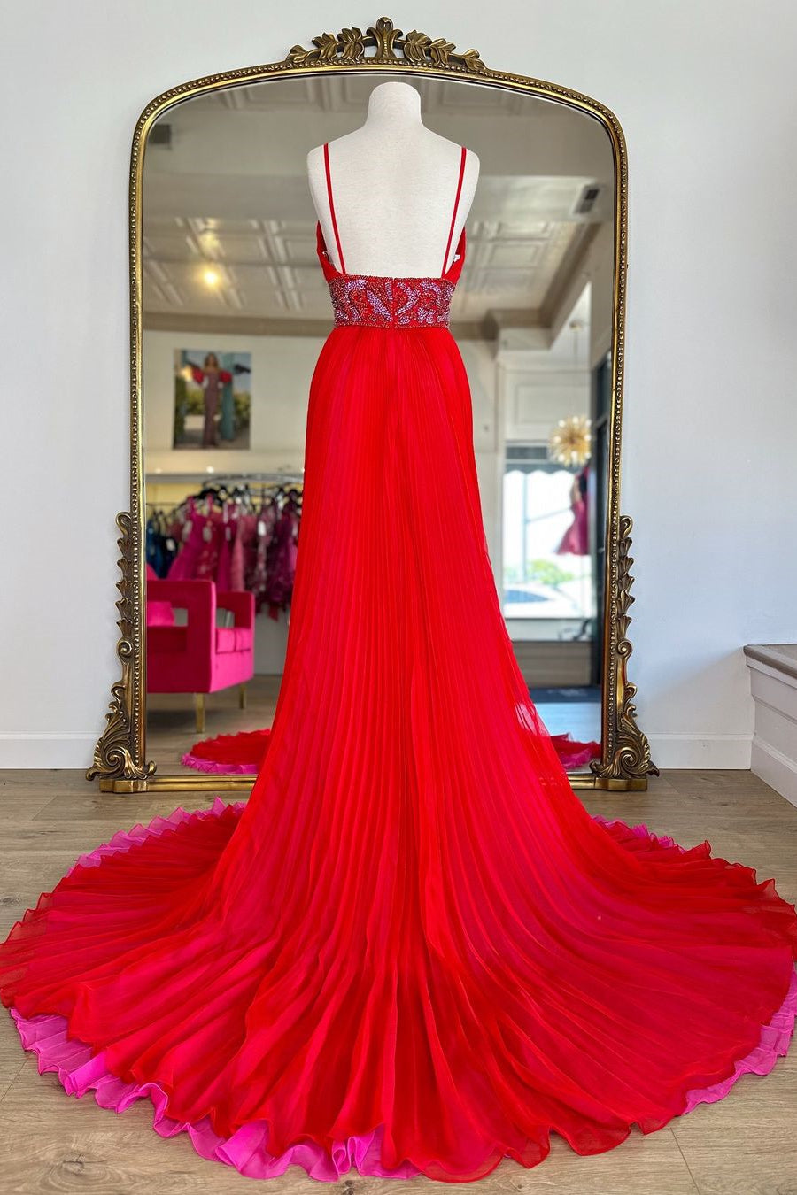Red A-Line V-Neck Court Train Prom Dress with Beaded Belt and Slit - View 2 | FashionDia