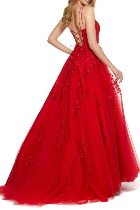 Red Embroidery Backless Ball Gown Prom Dresses - Fashionpara