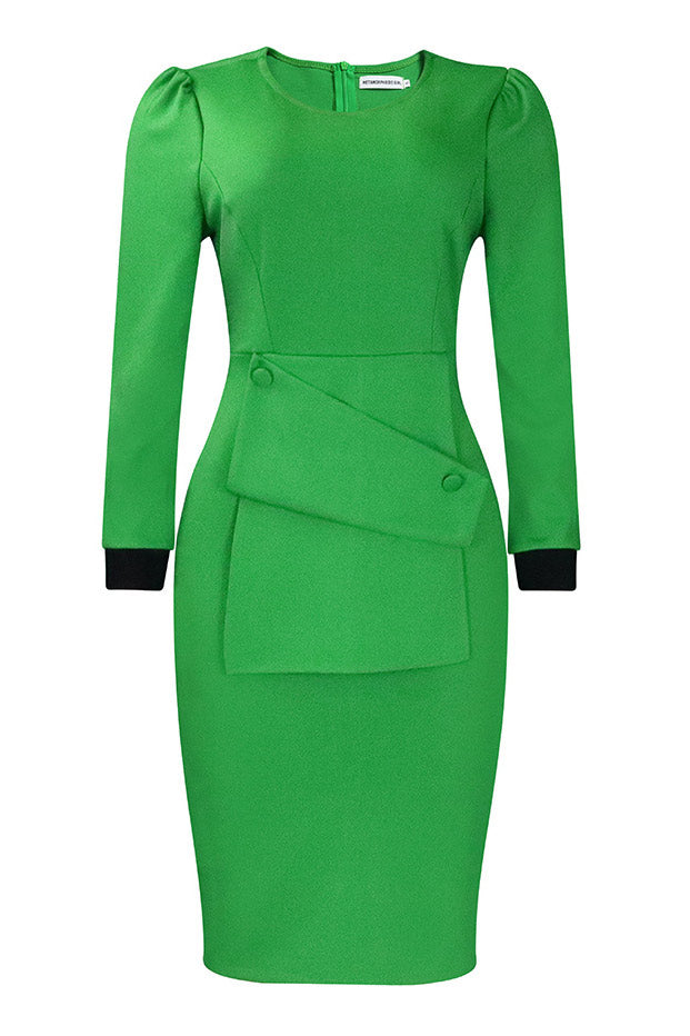 Red Knee Length Long Sleeve Office Dress - Fashionpara