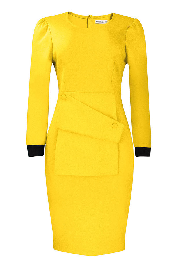 Red Knee Length Long Sleeve Office Dress - Fashionpara