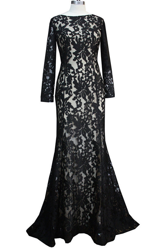 Red Lace Long Sleeve Prom Dress Evening Gown - Fashionpara