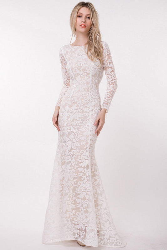 Red Lace Long Sleeve Prom Dress Evening Gown - Fashionpara