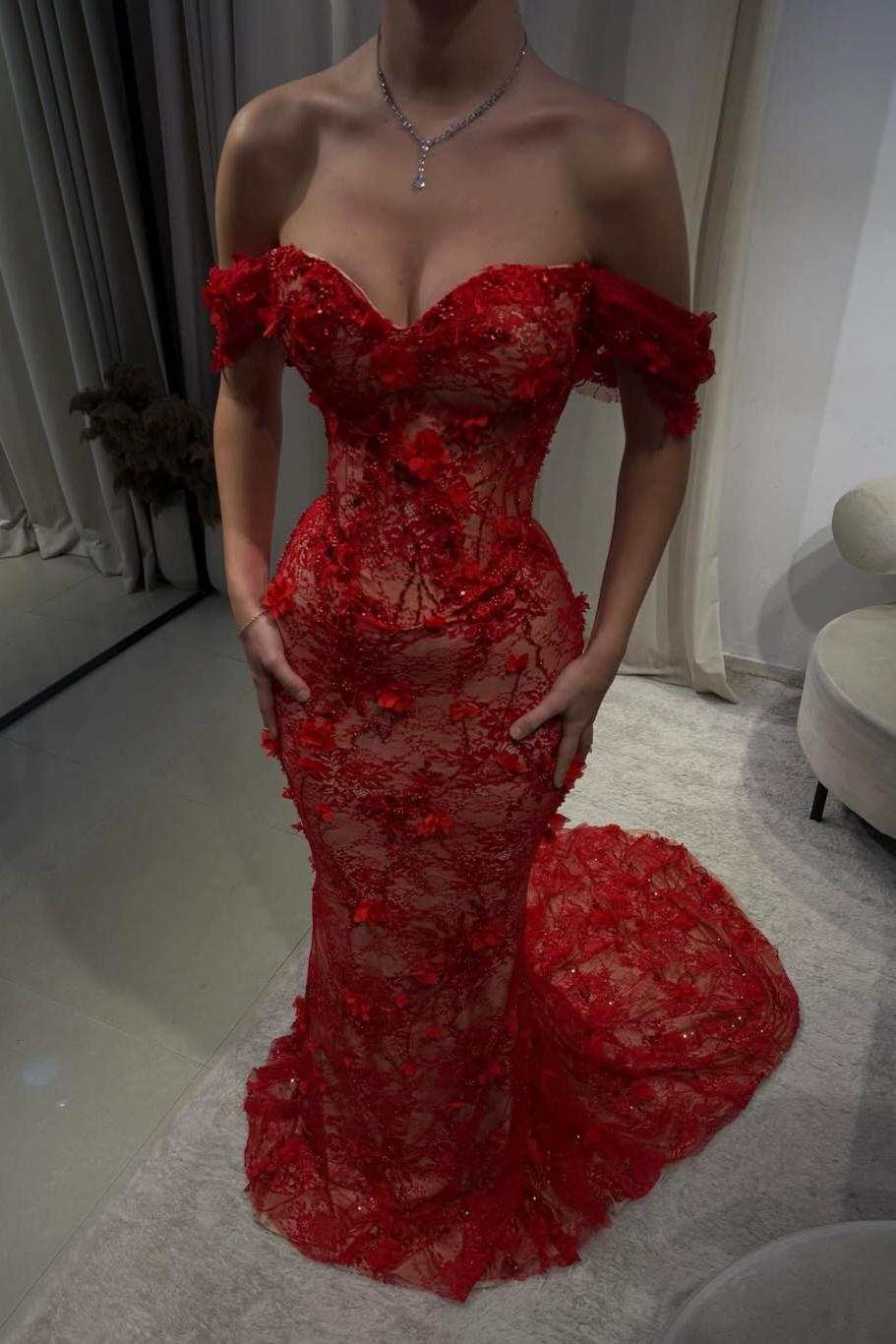 Hot Red Off-Shoulder Lace Mermaid Prom Dress with Floral Appliques - View 4 | FashionDia