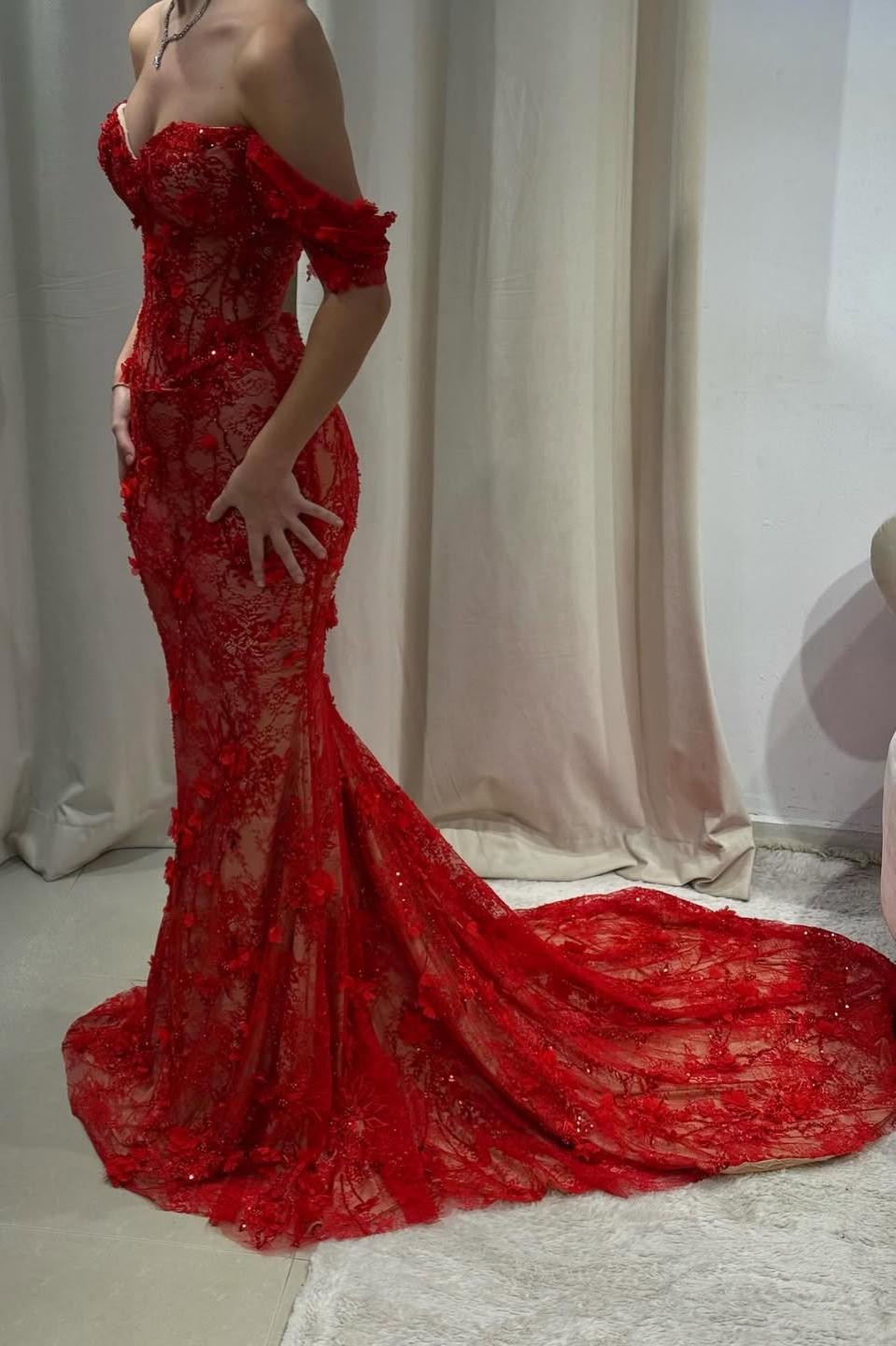 Hot Red Off-Shoulder Lace Mermaid Prom Dress with Floral Appliques - View 5 | FashionDia