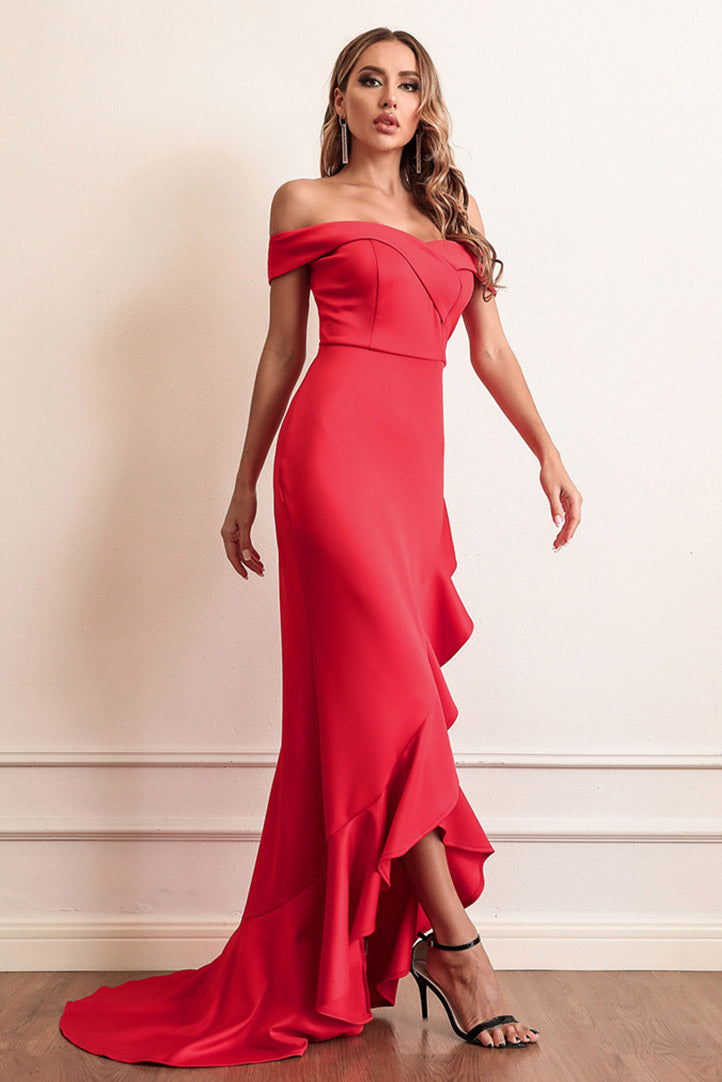 Red Off Shoulder High Low Formal Gown Evening Prom Dress - Fashionpara