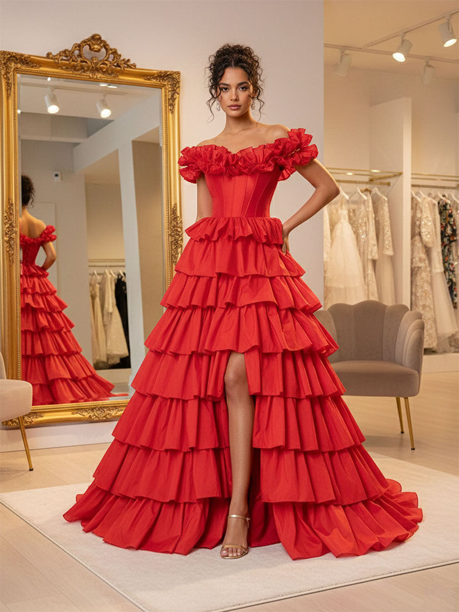 Red Off The Shoulder Ruffle Tiered Corset Long Prom Dress - VelvetHem
