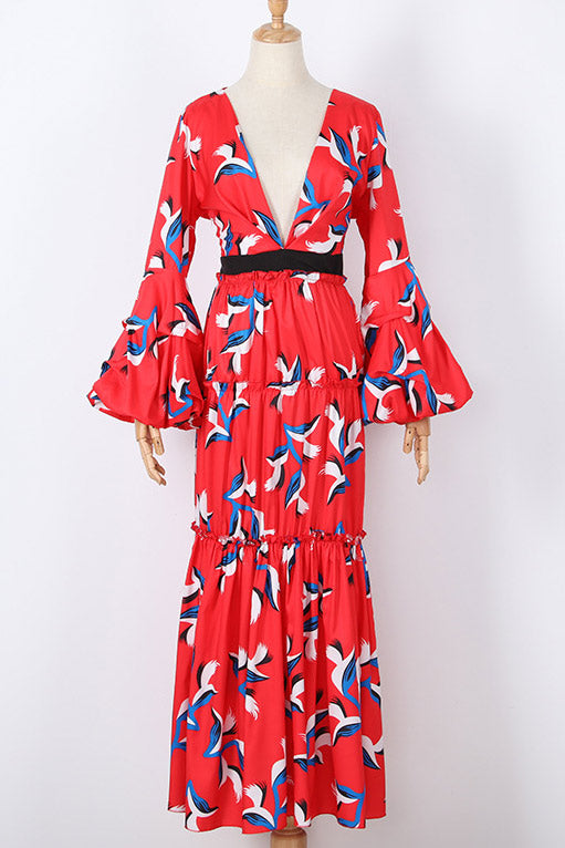 Red Printed Deep V-neck Flared Sleeve Evening Prom Dress - Fashionpara