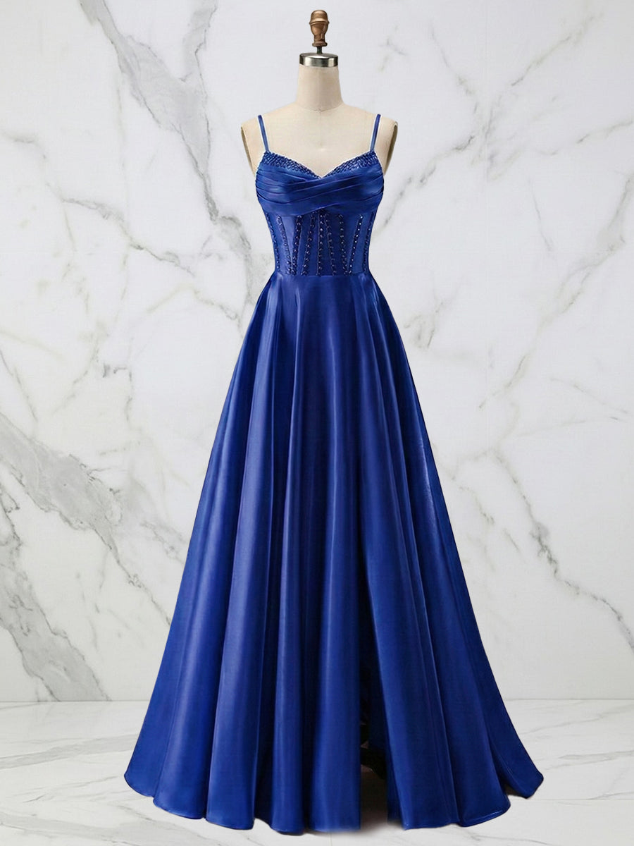 Red Satin A Line Corset Prom Dress with Beaded Boning