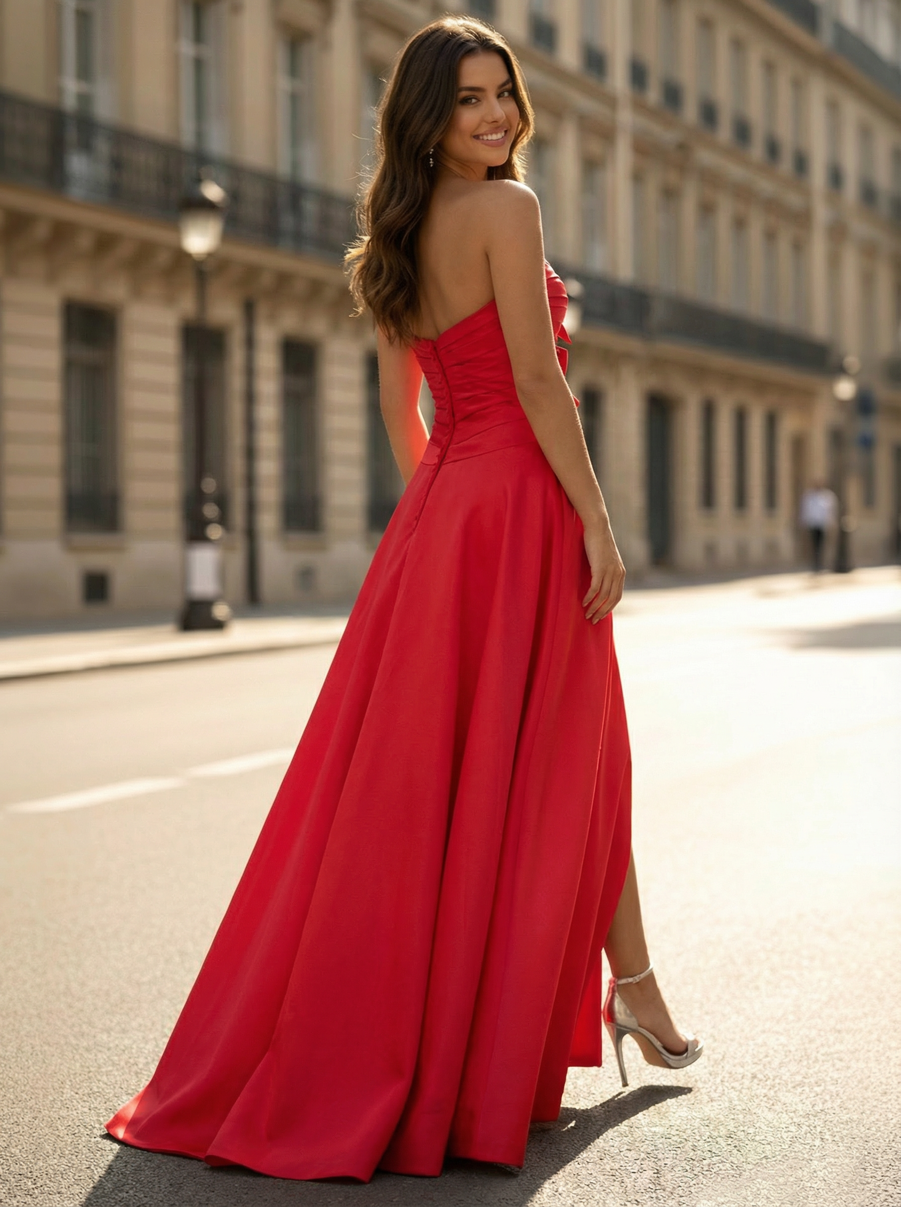 Red Satin Strapless A-Line Prom Dress with Bow Detailing