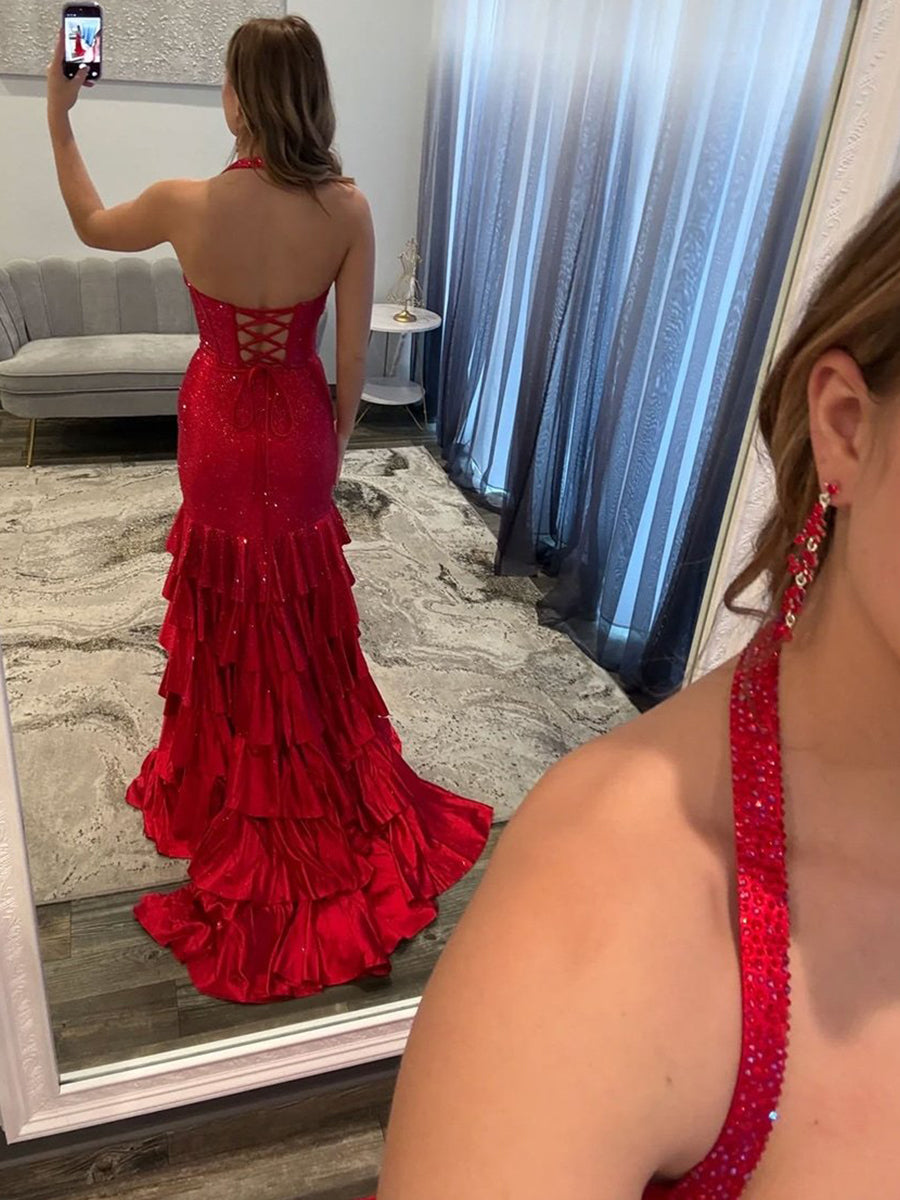 Red Shimmer Halter Tiered Ruffle Long Prom Dress with Slit - View 2 | FashionDia