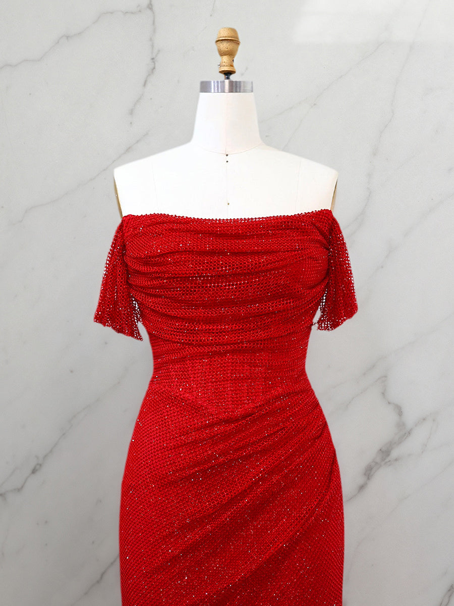 Red Shimmer Off-Shoulder Long Prom Dress with High Slit - View 3 | FashionDia