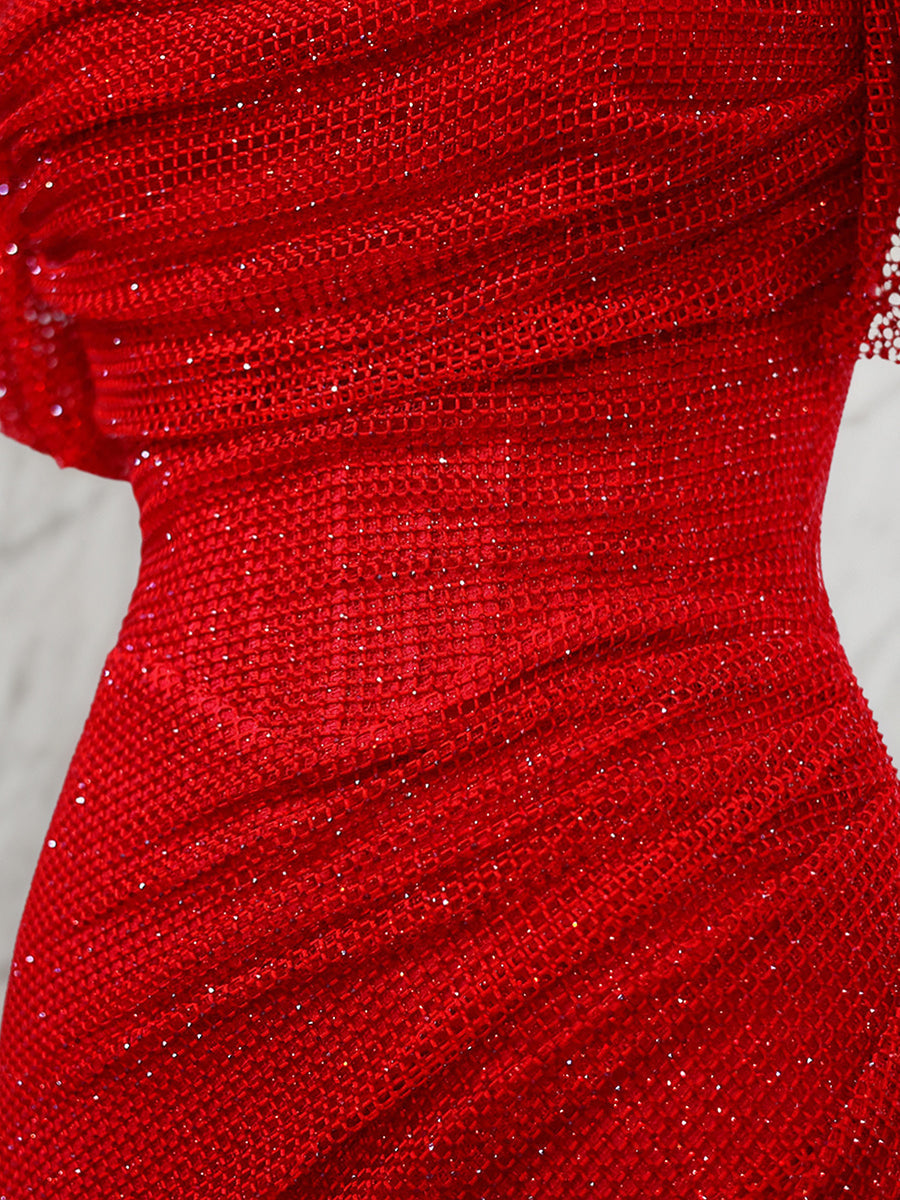Red Shimmer Off-Shoulder Long Prom Dress with High Slit - View 6 | FashionDia
