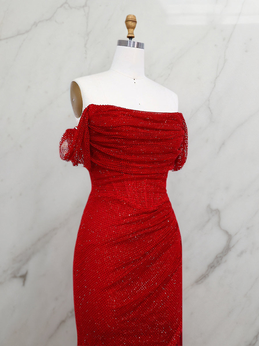Red Shimmer Off-Shoulder Long Prom Dress with High Slit - View 5 | FashionDia