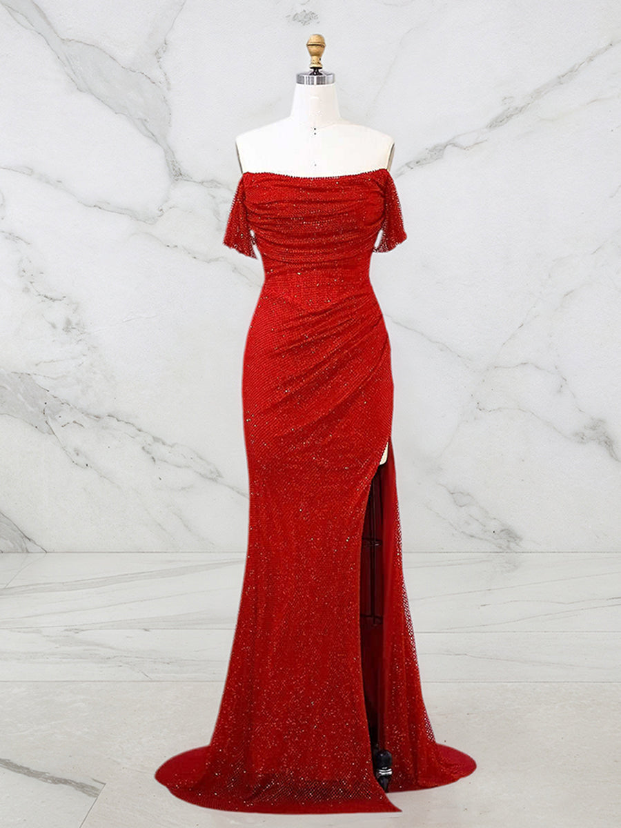 Red Shimmer Off-Shoulder Long Prom Dress with High Slit - FashionDia