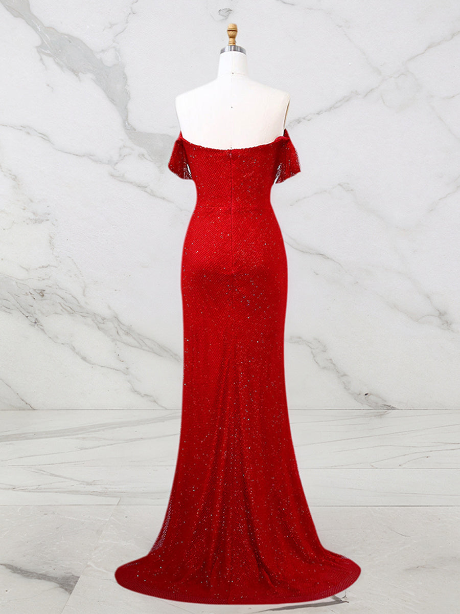 Red Shimmer Off-Shoulder Long Prom Dress with High Slit - View 2 | FashionDia