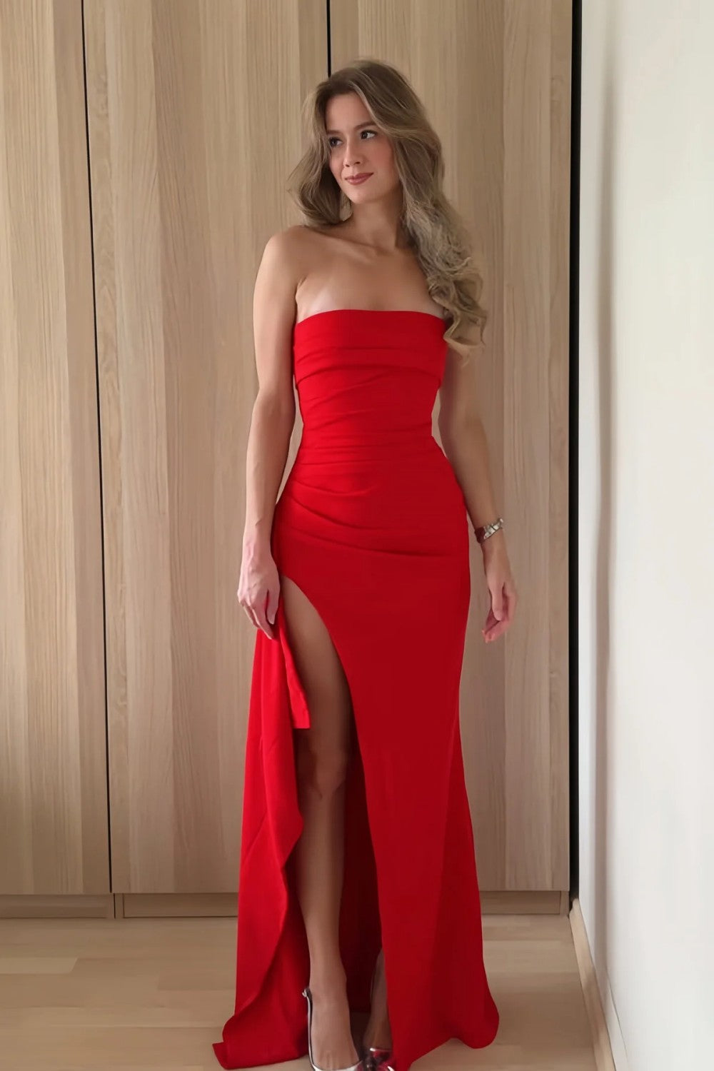 Stunning Sheath Strapless Pink Long Prom Dress with Split Front - View 7 | FashionDia