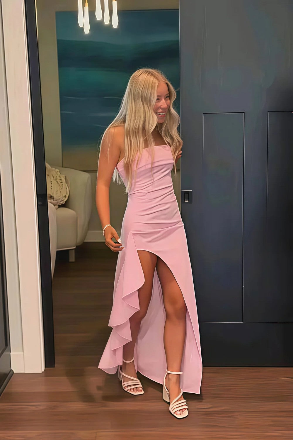 Stunning Sheath Strapless Pink Long Prom Dress with Split Front - View 3 | FashionDia