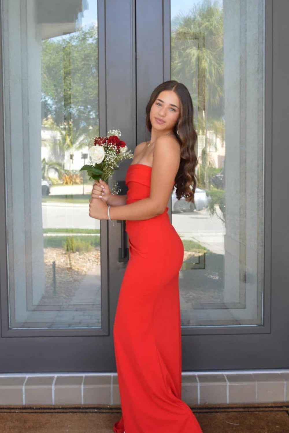 Stunning Sheath Strapless Pink Long Prom Dress with Split Front - View 9 | FashionDia