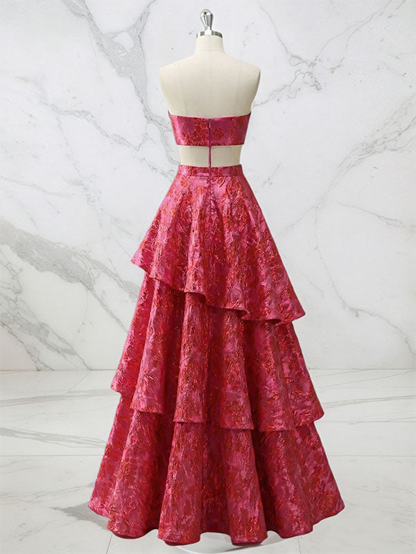 Red Tiered Brocade Prom Dress with Modern Waist Cut-Outs